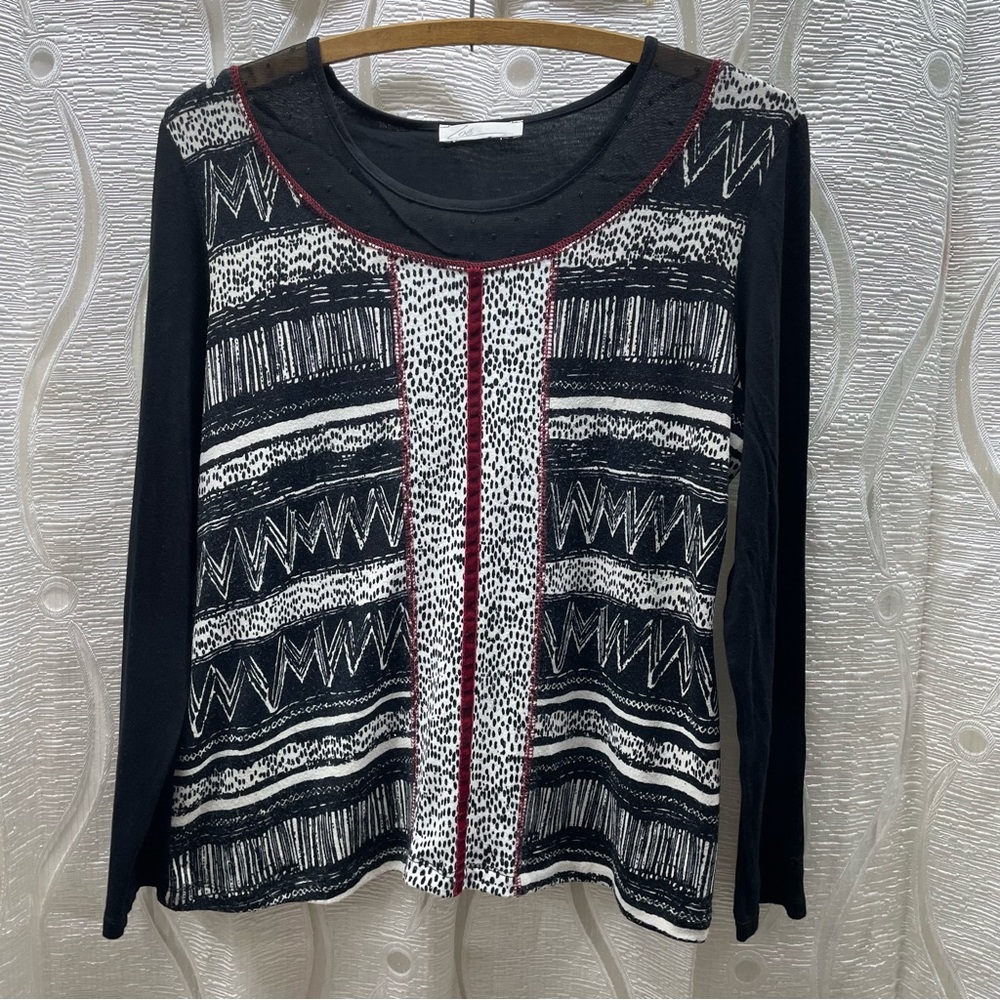 Zoé Mixed Print Top Womens Medium Black White Mesh Velvet‎ Trim Boho Long Slv
